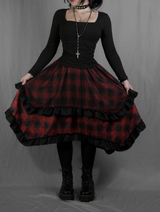 Dresses & Skirts - Red and Black Ruffle Mesh Midi Skirt - Women